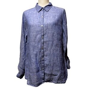 Jones New York size Large Linen Button Down Shirt Blue‎ Long Sleeve